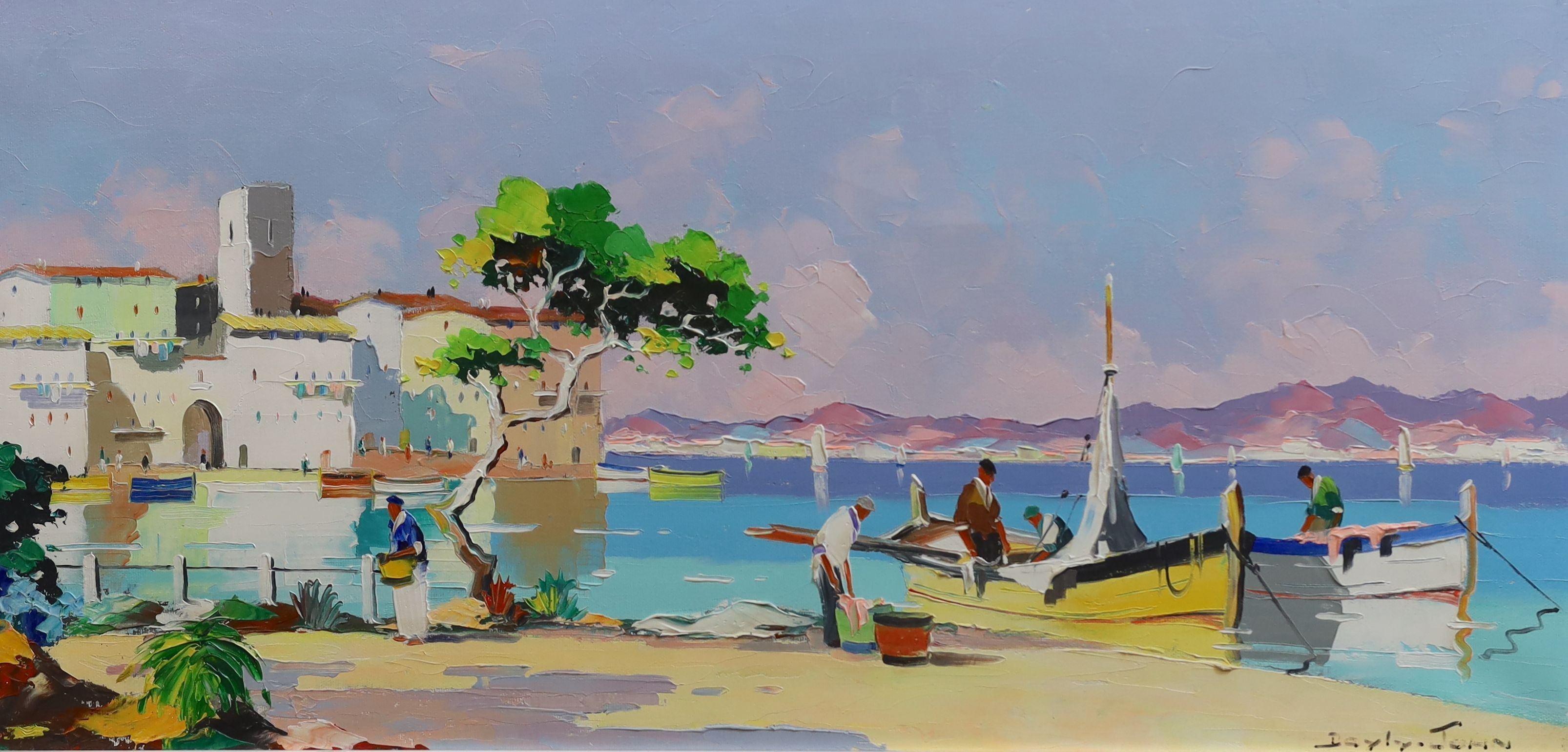 Cecil Rochfort D'Oyly John (1906-1993), Mediterranean scene with fishermen in the foreground, oil on canvas, 34 x 69cm